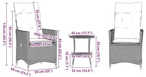 Conjunto Bistro de 3 peças com almofadas em rattan sintético cinza