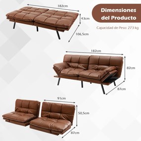Sofá-cama dobrável de 3 lugares 182 x 87 x 82 cm PU Futon conversível de espuma viscoelástica com encosto e apoios de braços ajustáveis Castanho