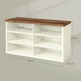 Banco arrumação para sapatos com banco 29,5 x 100 x 50 cm, compartimentos ajustáveis, 6 prateleiras Branco-castanho