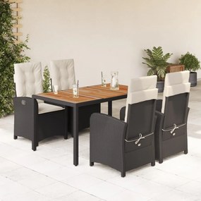 5 pcs conjunto de jantar p/ jardim c/ almofadões vime PE preto