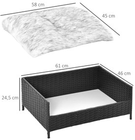 Sofá Cama para Cães de Vime Cama Elevada para Gatos Retangular com Almofada Suave e Lavável para Interior e Exterior 61x46x24,5cm Preto