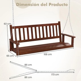 Banco de baloiço com 3 lugares 168 x 65 x 63 cm suspenso de madeira de choupo para jardim, Correntes ajustáveis Castanho