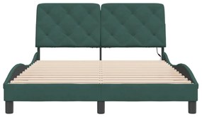 Estrutura de cama c/ luzes LED 140x200 cm veludo verde-escuro