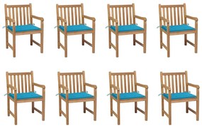 vidaXL Cadeiras de jardim c/ almofadões azul 8 pcs teca maciça