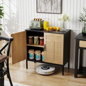 Aparador 80 x 38 x 81 cm com 2 portas em rattan natural, prateleira ajustável em 3 posições, pés metálicos preto.