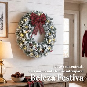 Coroa de Natal para Porta com Efeito Nevado, 50 Luzes LED, Pinhas, Bagas e Laço Festivo para Lareira, Parede ou Janela