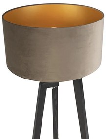 Candeeiro de pé tripé preto com cúpula bege e dourado 50 cm - Puros