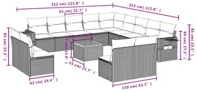 14 pcs conjunto de sofás p/ jardim c/ almofadões vime PE preto