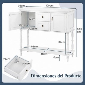 Mesa de Consola Vintage, 100 x 36 x 86,5 cm, Amplo Espaço de Arrumação, Branco