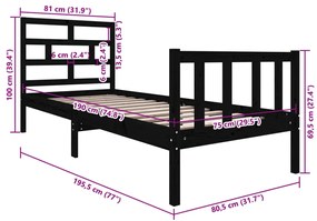 Estrutura de cama pequena solteiro 75x190 cm pinho maciço preto