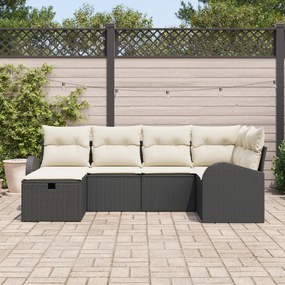 Conjunto de Sofá de Jardim 6 Peças com Almofadas Preto Rattan Poliéste