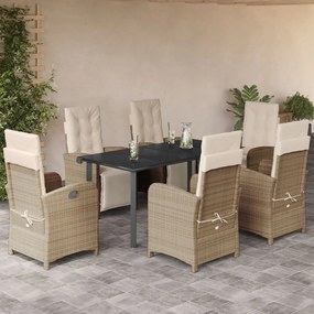 7 pcs conjunto de jantar p/ jardim com almofadões vime PE bege