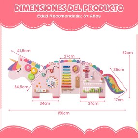 Painel de atividades Unicórnio 11 em 1 de madeira Montessori sensorial para educação infantil e sala de jogos rosa