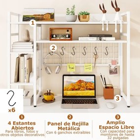 Estante de secretária sobre mesa com 4 níveis e compartimento aberto na parte traseira, 6 ganchos  94 x 25 x 73,5 cm branca