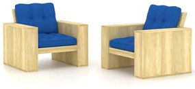 Cadeiras jardim 2 pcs c/ almofadões azul real pinho impregnado