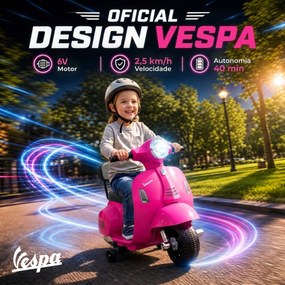 Mota Elétrica Infantil 6V para crianças 18-36 meses com Licença Mini Vespa GTS, 2 Rodas Auxiliares, Bateria de Lítio, Farol, Buzina, Encosto, Rosa