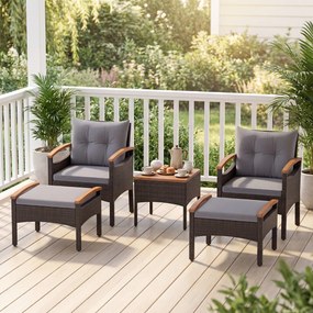 Conjunto  de jardim de 5 peças em vime e rattan, com 2 poltronas, 2 pufes, mesa em madeira de acácia Castanho misturado e cinzento