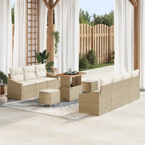 vidaXL Conjunto de Sofá de Jardim com 10 Peças e Almofadas Bege Polirattan Acácia