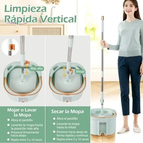 Conjunto de esfregona giratória com balde Sistema de separação de água limpa e suja Cabeça quadrada Autoescorregável Profunda 360° Cor verde