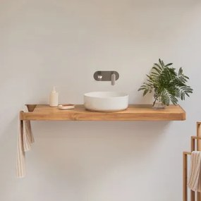 Conjunto De Móvel De Casa De Banho 130x45 Cm Suspenso Em Madeira De Teca Neill Madeira De Teca & Cerâmica Redonda Branca Ø40 Cm Lenka & Sem Espelho &