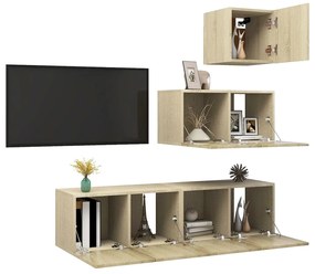 4 pcs conjunto de móveis de TV contraplacado carvalho sonoma