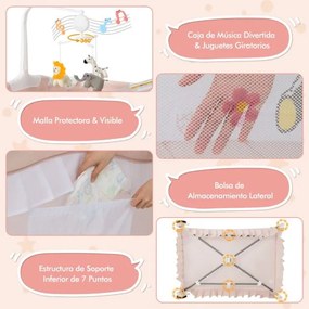 Berço de viagem dobrável para bebés de 0 a 36 meses com toldo Trocador Brinquedo Rodas com travões Saco de transporte Rosa claro