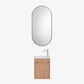 Conjunto De Móvel De Casa De Banho Suspenso Em Madeira Com Lavatório Integrado Narek Castanho Fresno & Ovale Led E Antifog Preto 50x100 Cm Asteiro & D