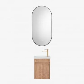 Conjunto De Móvel De Casa De Banho Suspenso Em Madeira Com Lavatório Integrado Narek Castanho Fresno & Ovale Led E Antifog Preto 50x100 Cm - Sklum