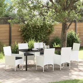 vidaXL Conjunto de jantar de jardim de 7 peças com almofadas de rattan brancas.