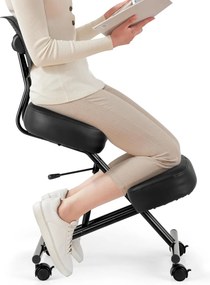 Cadeira escritorio ergonómica com apoio para os joelhos, encosto inclinado e rodas universais bloqueáveis Preto