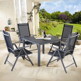 Conjunto de jardim Bern, 5 peças, com 4 cadeiras e mesa quadrada alumínio WPC Cinza antracite e preto