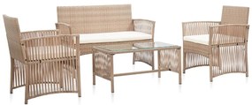 4 pcs conjunto lounge jardim c/ almofadões vime PE bege