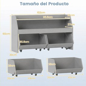 Estante de Brinquedos Infantil, 102 x 30 x 60 cm, Rodas Bloqueáveis, Cinzento