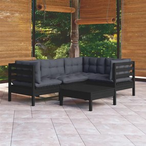 vidaXL 5 pcs conjunto lounge de jardim c/ almofadões pinho preto