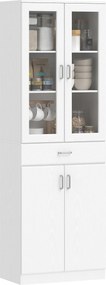Armário de cozinha 60x35x180 cm, 4 portas, das quais 2 em vidro, gavetas, prateleiras ajustáveis, branco