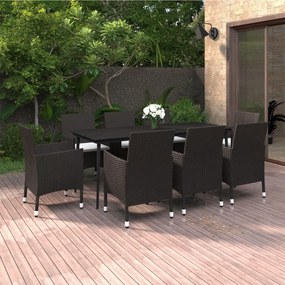 vidaXL 9 pcs conjunto jantar jardim c/ almofadões vime PE e vidro