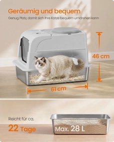Caixa de areia para gatos 61 x 41 x 46 cm em aço inoxidável cinzento prateado, com tampa e acessórios cinzento prateado
