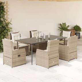 7 pcs conjunto de jantar p/ jardim com almofadões vime PE bege