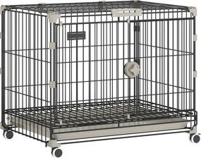 PawHut Gaiola Dobrável para Cão, Bandeja Removível, Rodas com Travas, Teto Abrível, Porta de Alimentação, 60,5x45,5x54,5cm, Preto | Aosom Portugal