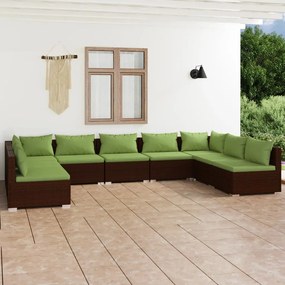 9 pcs conjunto lounge de jardim c/ almofadões vime PE castanho