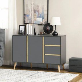 Aparador baixo com 2 portas e 3 gavetas, estilo escandinavo, 120 x 40 x 80 cm, cinza