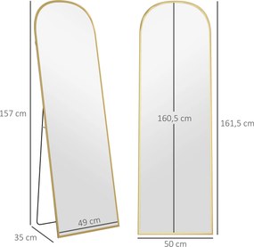 Espelho de pé retangular arredondado 50 x 161,5 cm, com moldura em alumínio e suporte, para a entrada, quarto ou vestiário, dourado