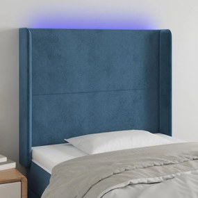 Cabeceira cama c/ luzes LED veludo 83x16x118/128 cm azul-escuro