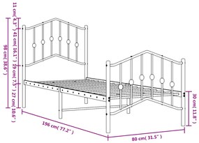 Estrutura de cama com cabeceira e pés 75x190 cm metal branco