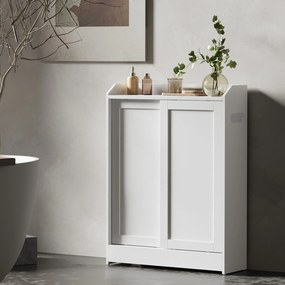 Armário de casa de banho estreito com portas de correr 20 x 60 x 80 cm, prateleiras ajustáveis e suporte para papel higiénico Branco