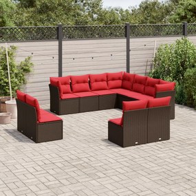 vidaXL 11 pcs conjunto sofás de jardim c/ almofadões vime PE castanho