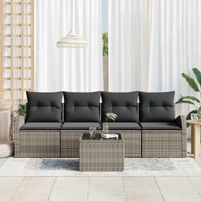 Conjunto de Sofá de Jardim de 5 Peças com Almofadas em Polirattan Cinz