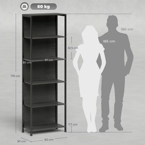 Estante de 5 Níveis com Luzes LED de 7 Cores Estante para Livros Estante de Estilo Industrial 60x30x179 cm Preto