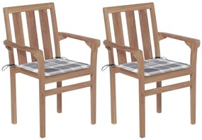 vidaXL Cadeiras jardim c/ almofadões xadrez cinzento 2 pcs teca maciça