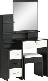 Conjunto de toucador com banco estofado, espelho grande + várias prateleiras abertas + 4 gavetas, branco e preto